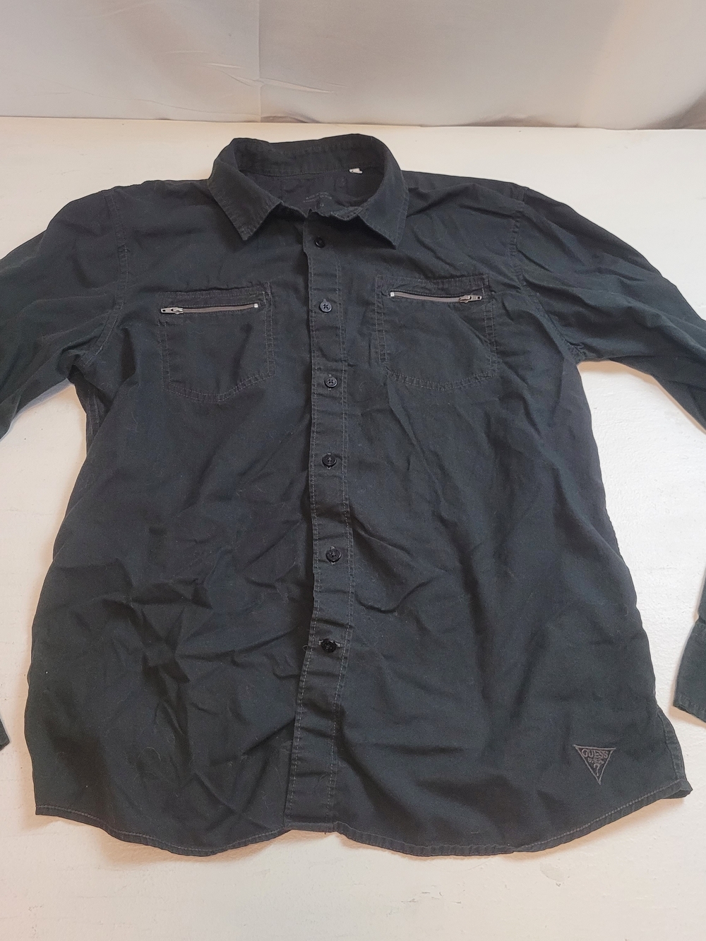 Guess Men's Black Long-Sleeve Button-Down Shirt with Zip Chest Pockets
